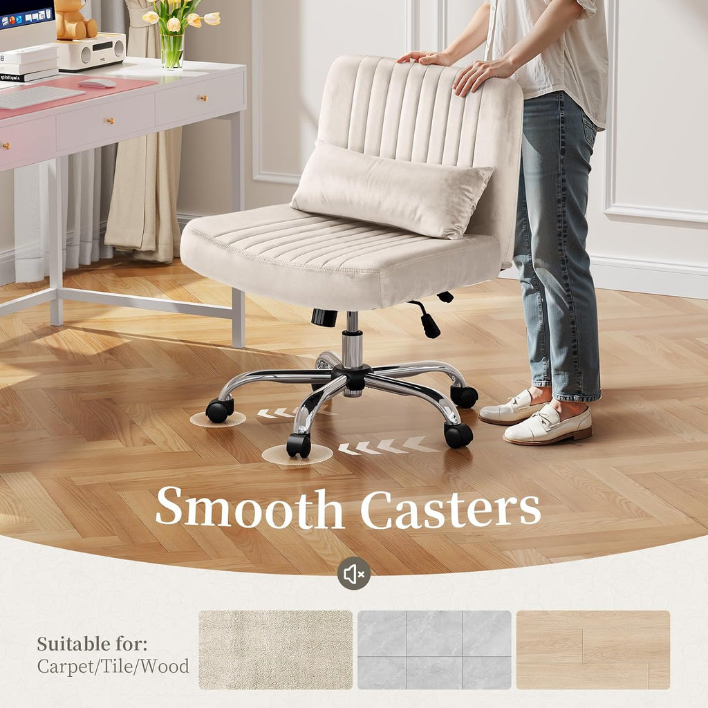 Velvet Office Chair, Luxury Criss Cross Chair with Wheels, Comfy Cross Legged Desk Chair for Home Office, Height Adjustable Vanity Chair, Wide Seat Computer Chair, Gift for Girlfriend, Cozy Beige