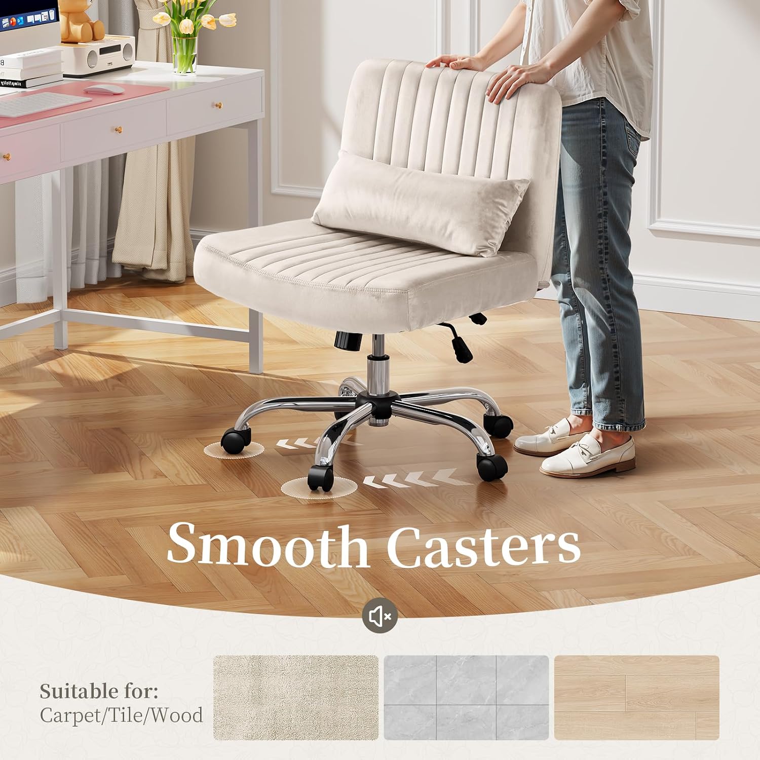 Velvet Office Chair, Luxury Criss Cross Chair with Wheels, Comfy Cross Legged Desk Chair for Home Office, Height Adjustable Vanity Chair, Wide Seat Computer Chair, Gift for Girlfriend, Cozy Beige