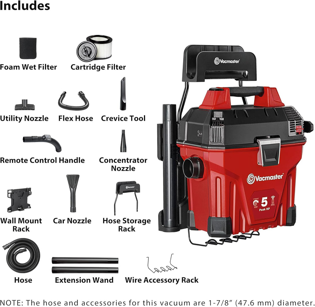 Vacmaster 5-Gallon* 5 Peak HP† Remote Control Wall Mount Wet/Dry Vac – VWMB508 1101