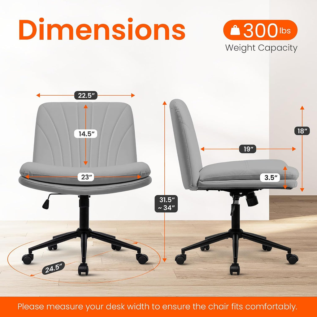 Orange Factory Criss Cross Chair with Wheels Comfy Wide Vanity Desk Chair Dual Base Leather Armless Adjustable Swivel for Home Computer Task (Grey Pu, Faux Leather)