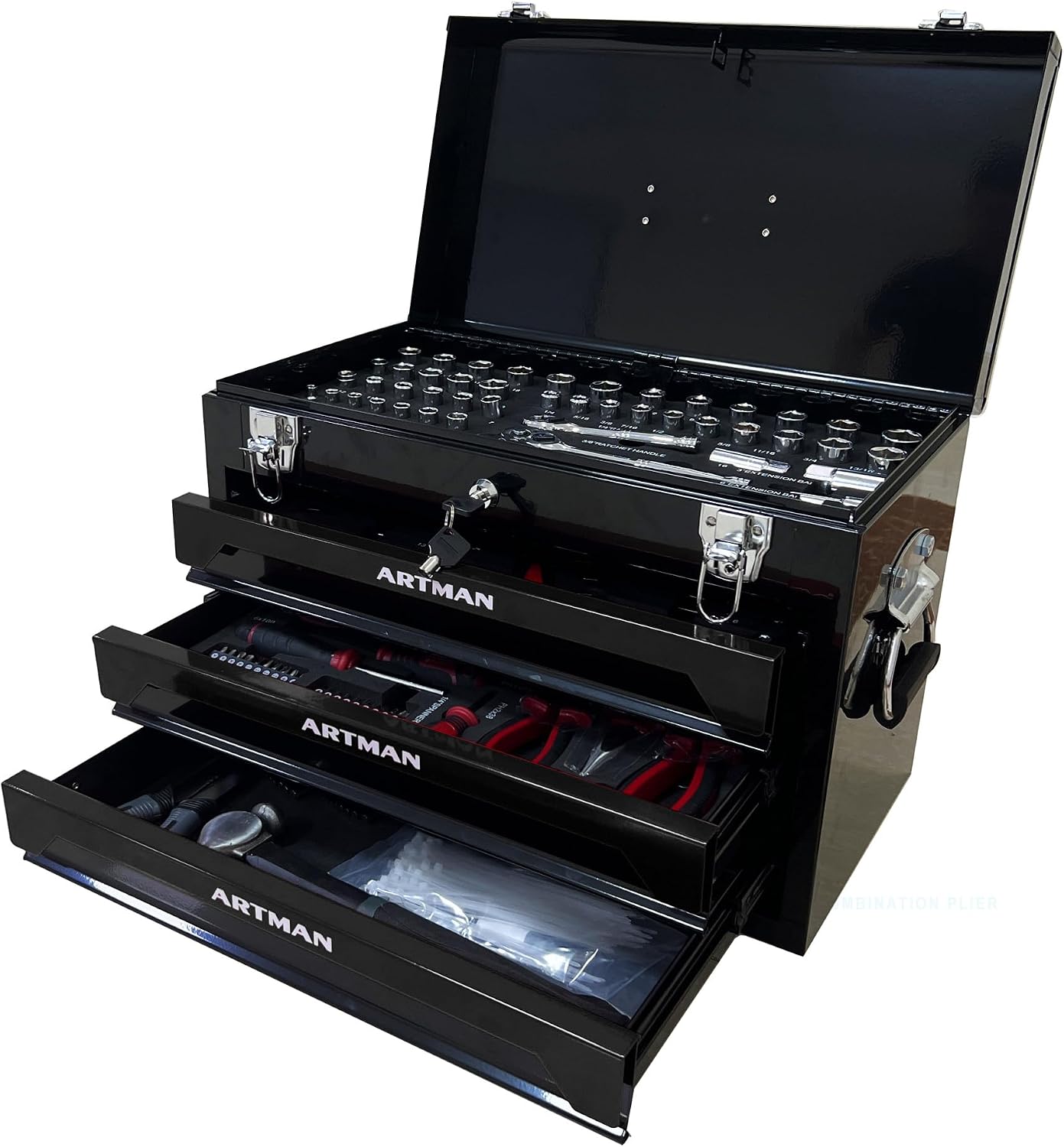 Runboll Mechanics Tool Set 339-Piece 3-Drawer Toolbox with Tools Kits Included, with pliers, ball hammer, screwdrivers, wrenches, Hex Keys, and More