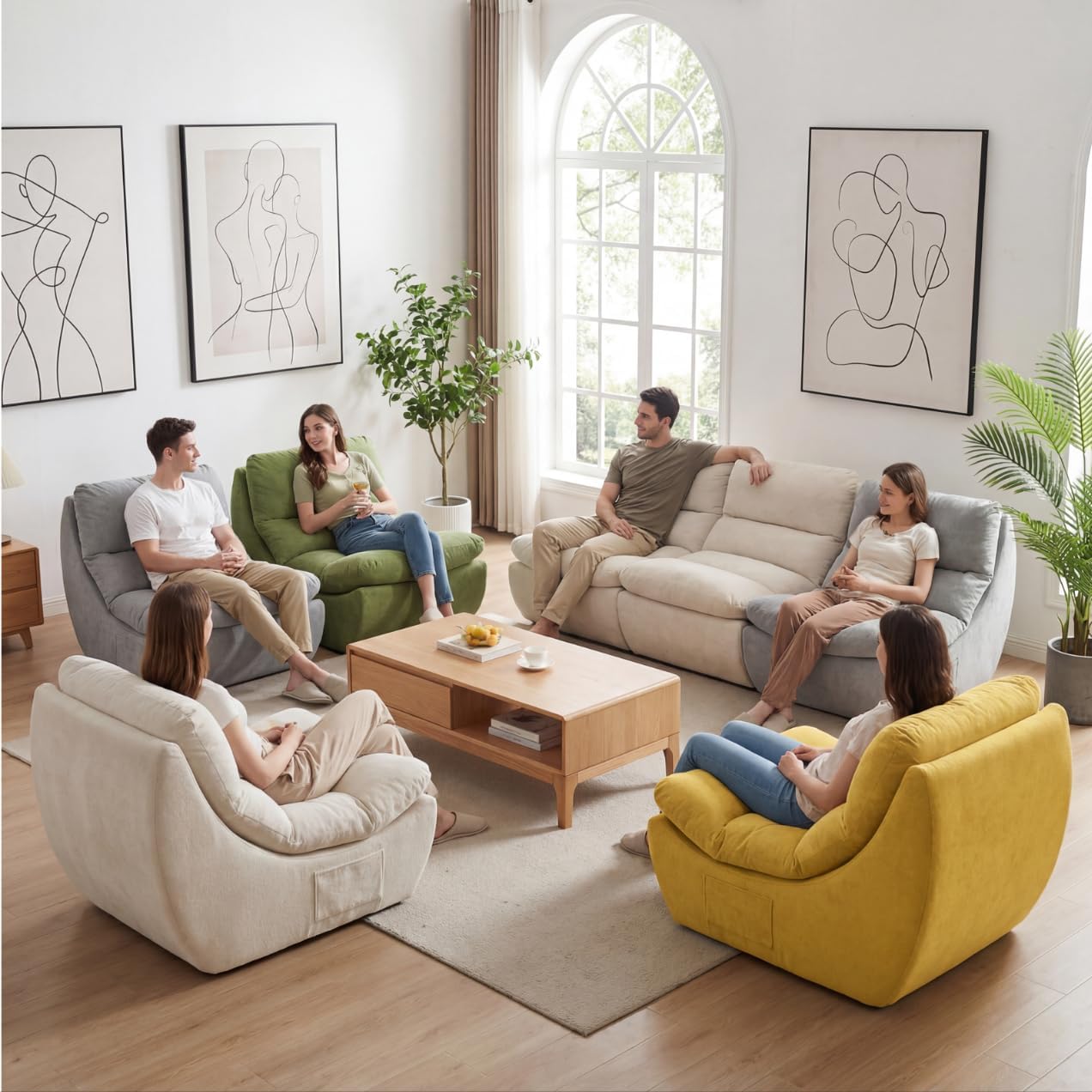 Set of 3 Giant Bean Bag Chairs for Adults, Boneless Lounge Chair, Togo Sofa, Fireside Chair, Anti Cat Scratch Fabric with Machine Washable, Single Sofa for Bedroom, Living Room, Reading Corner (Grey)