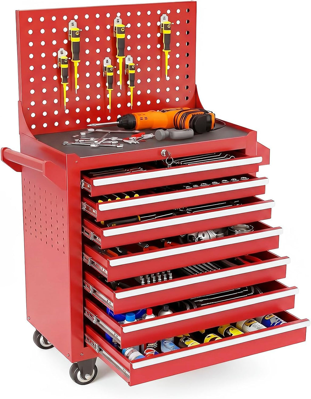 Rolling Tool Chest with Wheels, 7 Drawers Tool Storage Cabinet, Portable Metal Tool Box Organizer with Lock, Tool Cart on Wheels Toolbox Workbench for Garage, Workshop, Warehouse(Required Assembly)