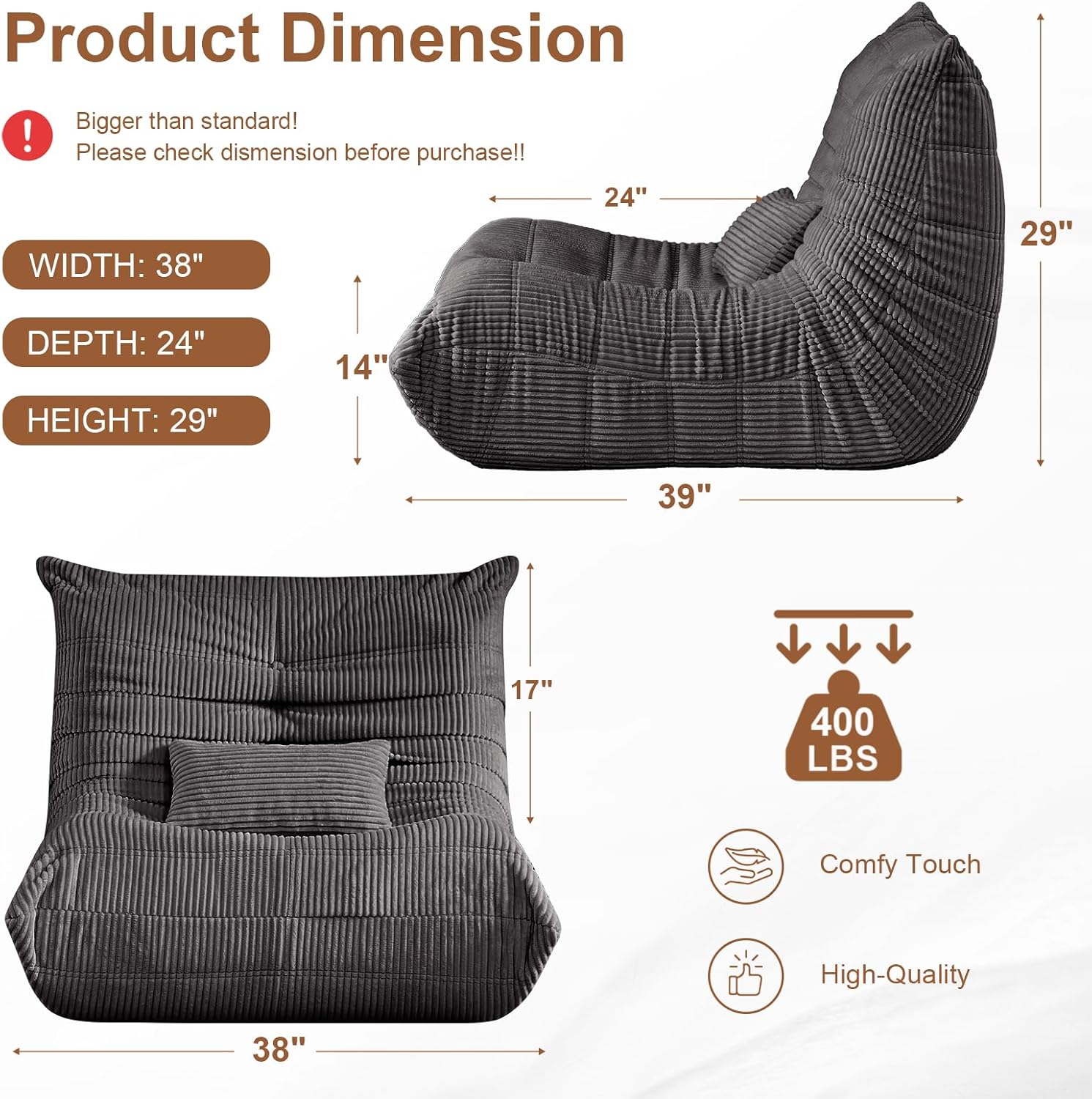Bean Bag Chair for Adults, Giant Bean Bag Chairs with Lumbar Pillow, Oversized Corduroy Memory Foam Boneless Chair with High-Rebound, Lazy Floor Sofa for Reading Gaming Living Room Bedroom, Grey