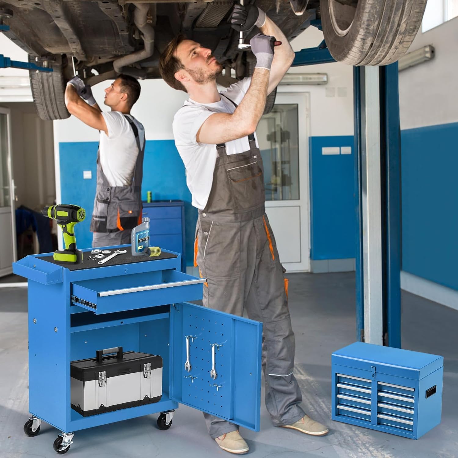 5 Drawers Rolling Tool Chest, 2-in-1 Detachable Metal Tool Storage Cabinet with Wheels, Lockable Tool Cart with Hooks for Garage, Workshop or Salon Use, Blue