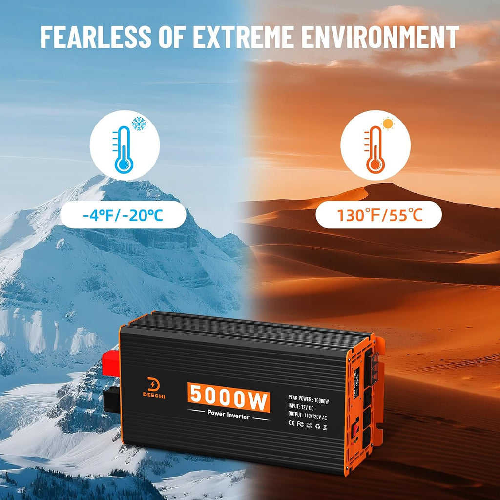 5000W Power Inverter 12V DC to 110V/120V AC Converter for RV/Truck/Boat/Camping/Off-Grid Solar Car Power Inverter Peak Power 10000W with 3 AC Outlets,USB & Type-C Port, Remote Controller & LCD Screen