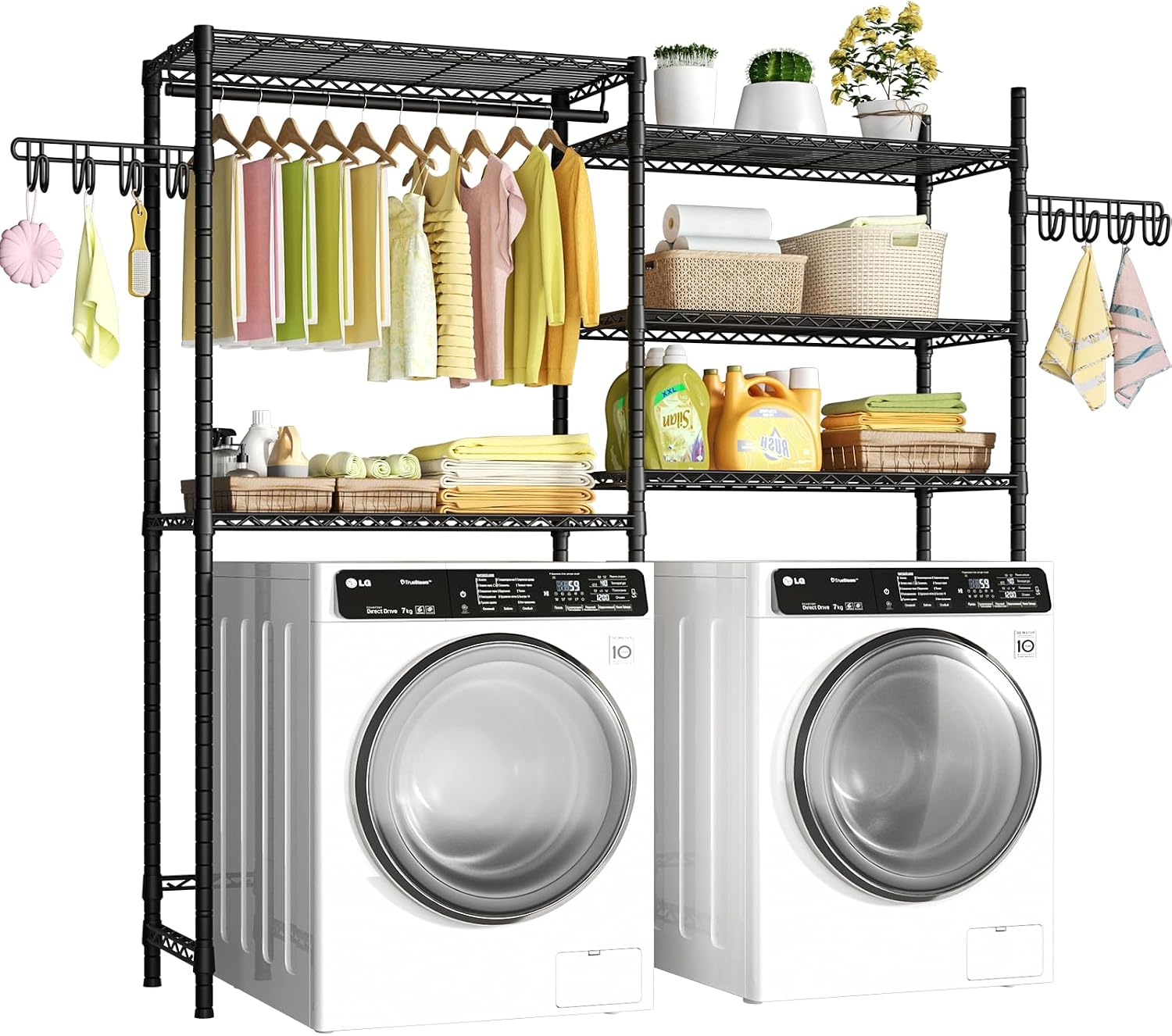 Ulif U5 Over the Washer and Dryer Storage Shelf, Laundry Room Space Saver Bathroom Storage and Organizer Rack for Hanging Towels and Drying Clothes with 5 Wire Shelves, 58.2'W x 13.4'D x 77.5'H, Black