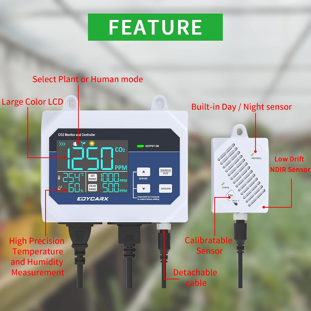 CO2 Controller with Temperature and Humidity Display Day and Night with Relay Function 15ft NDIR Sensor Cable, CO2 Controller for Grow Room, Greenhouse, Grow Tent, Home, Office, Factory