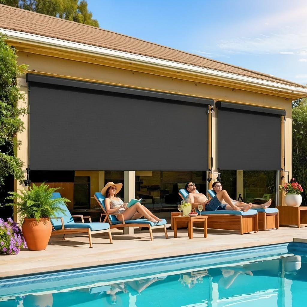 Integrated Outdoor Roller Shade, 6'W x 6'H Assembly Free Outdoor Patio Blinds with 420GSM Upgraded Fabric for 95% UV Blockout, Cordless Patio Shade, Sun Shades Outdoor Patio for Porch, Gazebo,Balcony