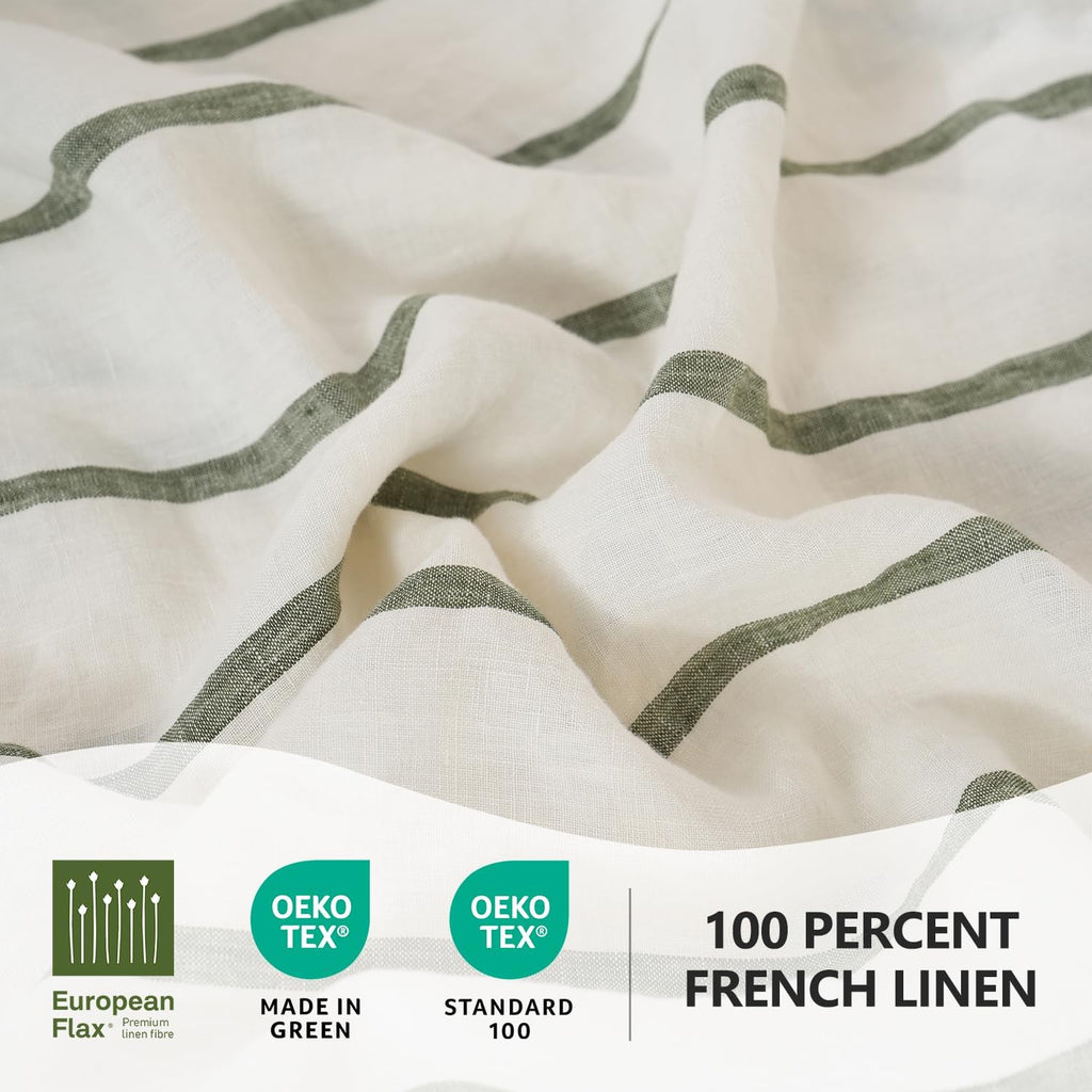 S VICTORY SYMBOL 100% Organic Linen Sheets Set Striped,Yarn Dyed Green Vertical Stripe Bed Sheets King Size,French Natural Flax Bedding Set 4pcs