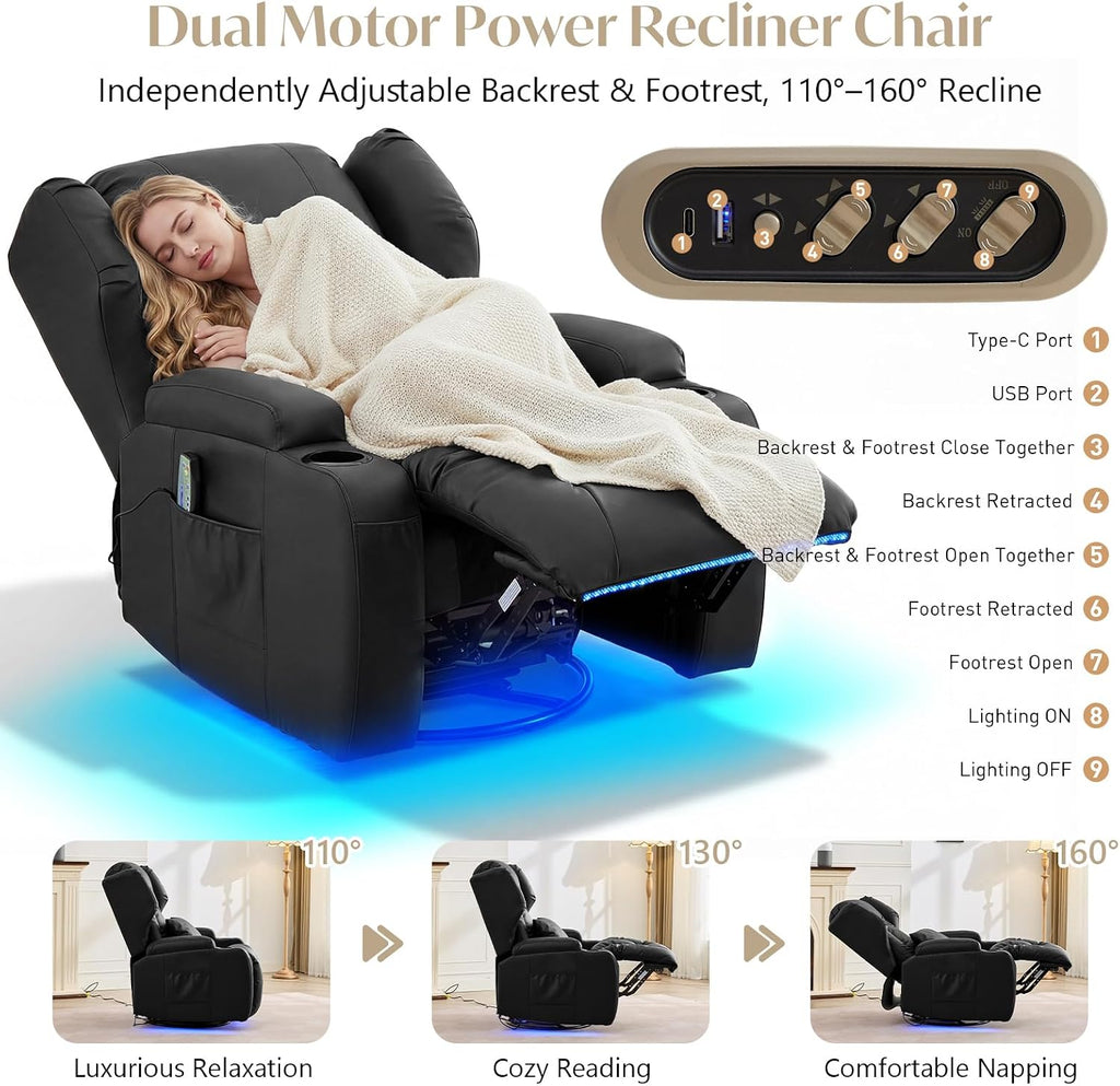 Power Swivel Rocker Recliner Chair for Adults, Dual-Motor Power Recliner with Independent Back & Footrest, Massage & Heat, 3-Sided Lights, USB, Cup Holder, Glider Rocking Chair for Living Room, Black