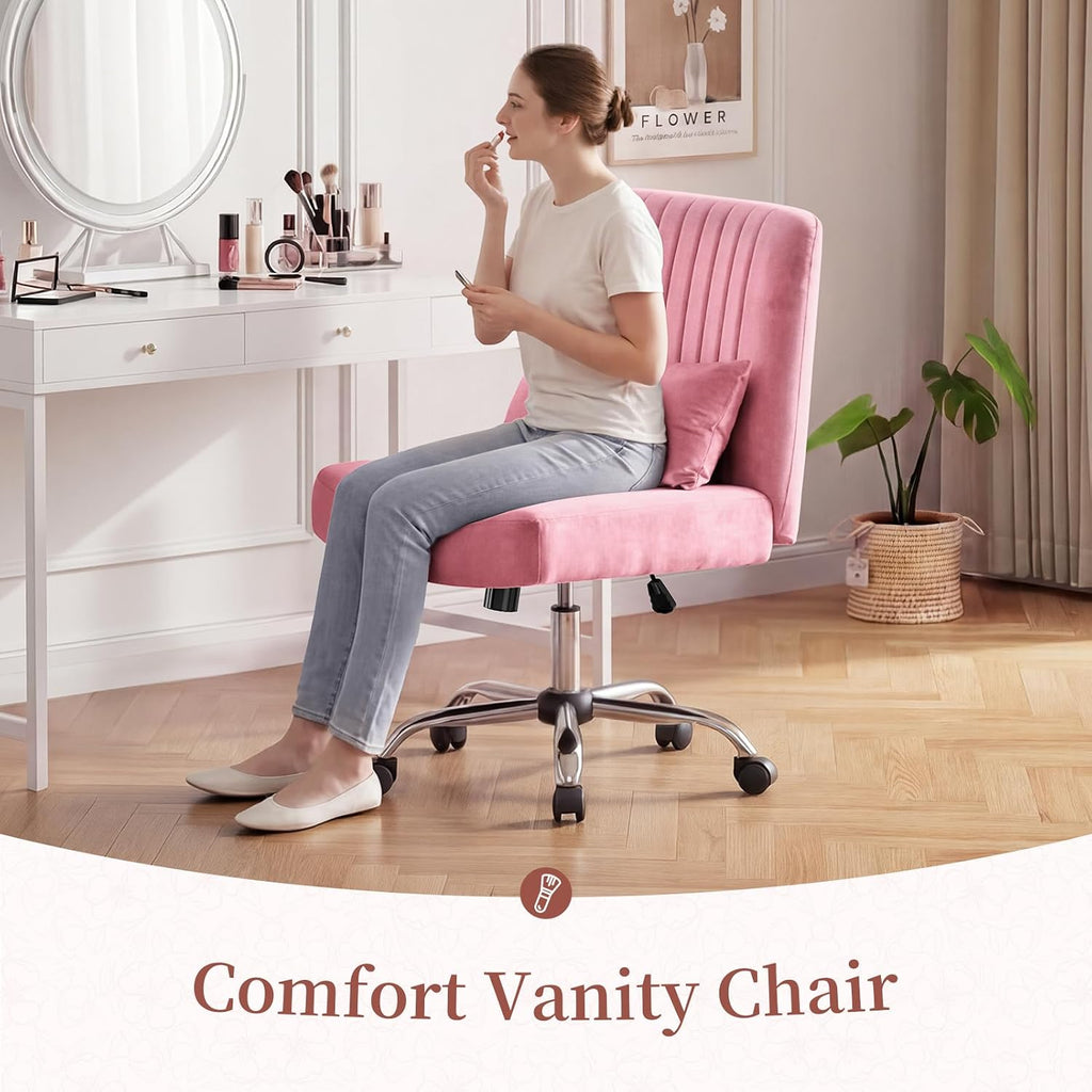 Warmiehomy Velvet Criss Cross Desk Chair with Wheels, Luxury Cross Legged Office Chairs for Home Office, Swivel Wide Seat Vanity Chair, Armless Adjustable Height Gaming Chair Gift, Dusty Rose