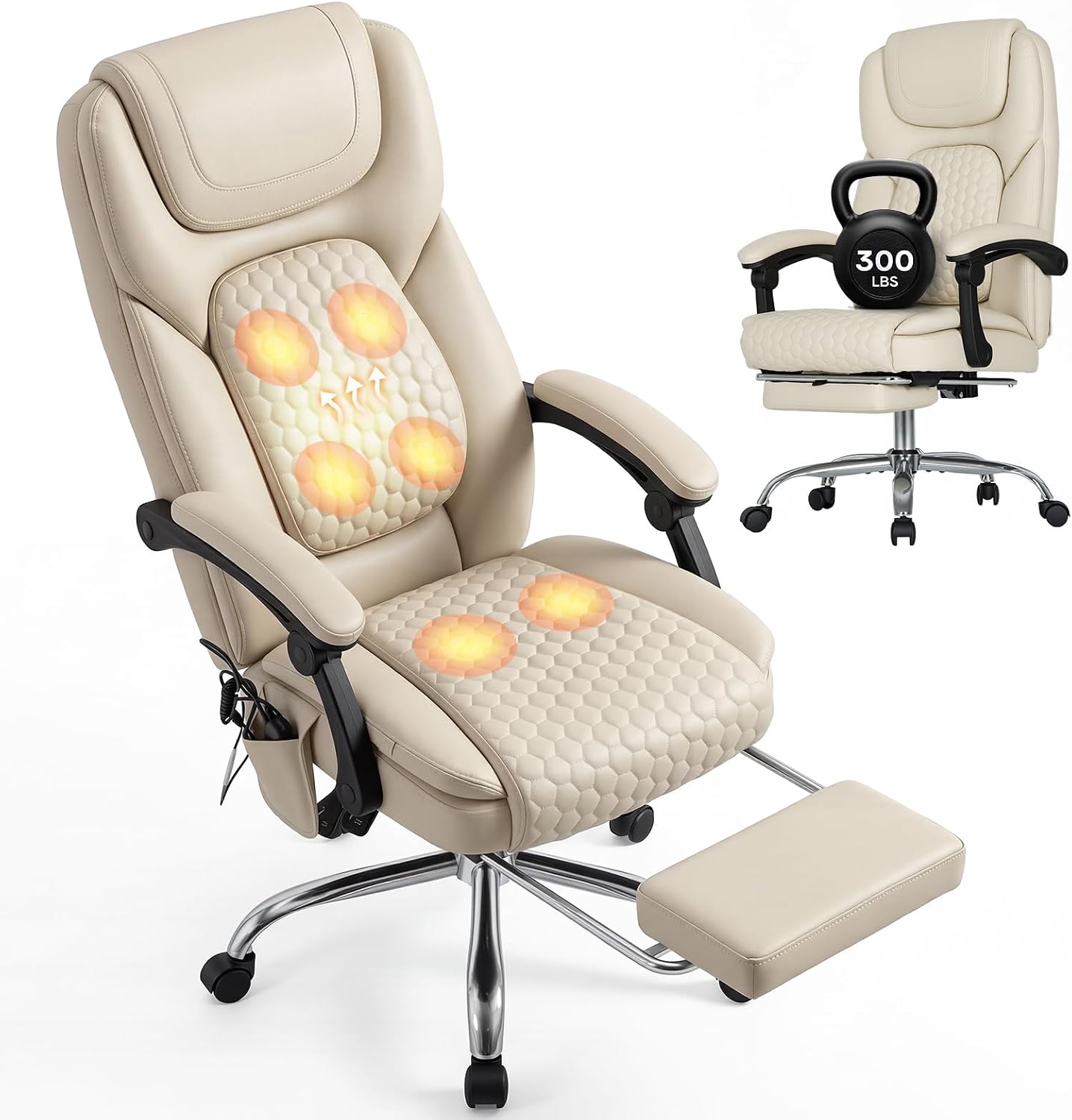 MALOL Massage Office Chair with Heat and Footrest - 3-Level 65°C Targeted Heating, 20-Min Easy Assembly Leather Desk Chair, Big and Tall Executive Computer Chair with Side Pocket, 300 lbs, Beige
