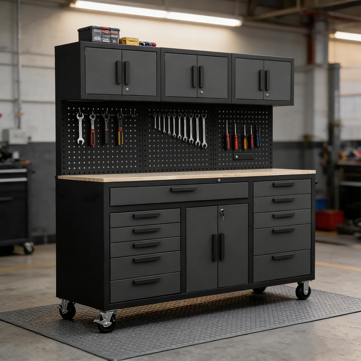 BIG RED 72in Rolling Tool Chest Cabinet Mobile Garage Workbench Heavy-Duty Tool Cabinet on Wheels with 11 Drawers, Pegboard & Power Strip for Tool Organization