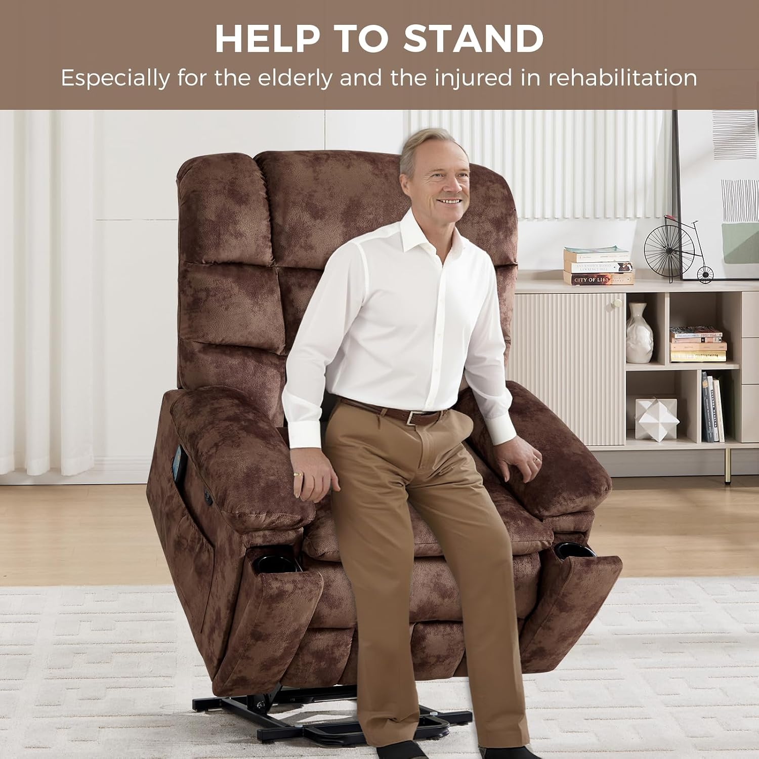 IOMOR Power Lift Recliner Chair for Elderly with Vibration Massage and Lumbar Heating, Overstuffed Electric Lift Chair with 2 Side Pockets and Cup Holders, USB & Type-C for Living Room, Textile Brown