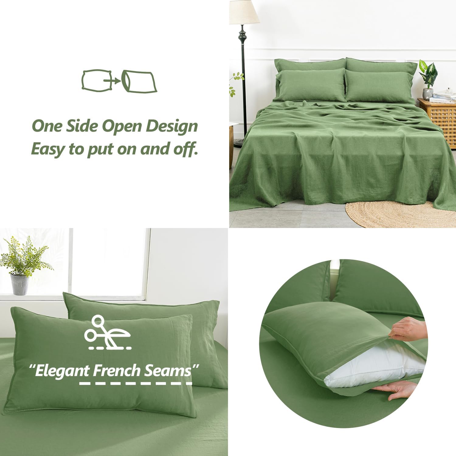 S VICTORY SYMBOL 100% Organic Linen Sheets Set King Size,French Flax Bed Sheets 4Pcs(1 Flat Sheet&1 Fitted Sheet&2 Pillowcases Natural Linen Farmhouse Bedding-Forest Green