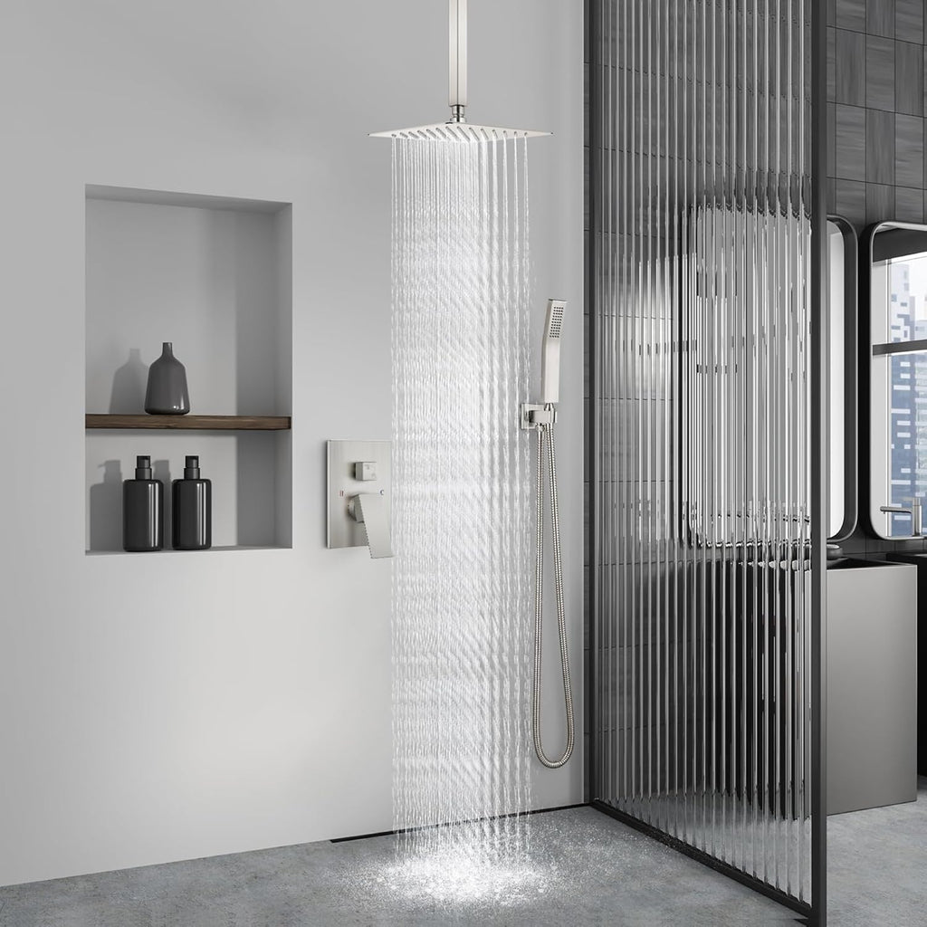 Aolemi Ceiling Mount Shower System Rain Shower Head with Handheld Spray High Pressure Shower Faucet Set Rough-in Valve Shower Trim Kit Included Bathroom Brushed Nickel 8 Inch Ceiling Shower Head