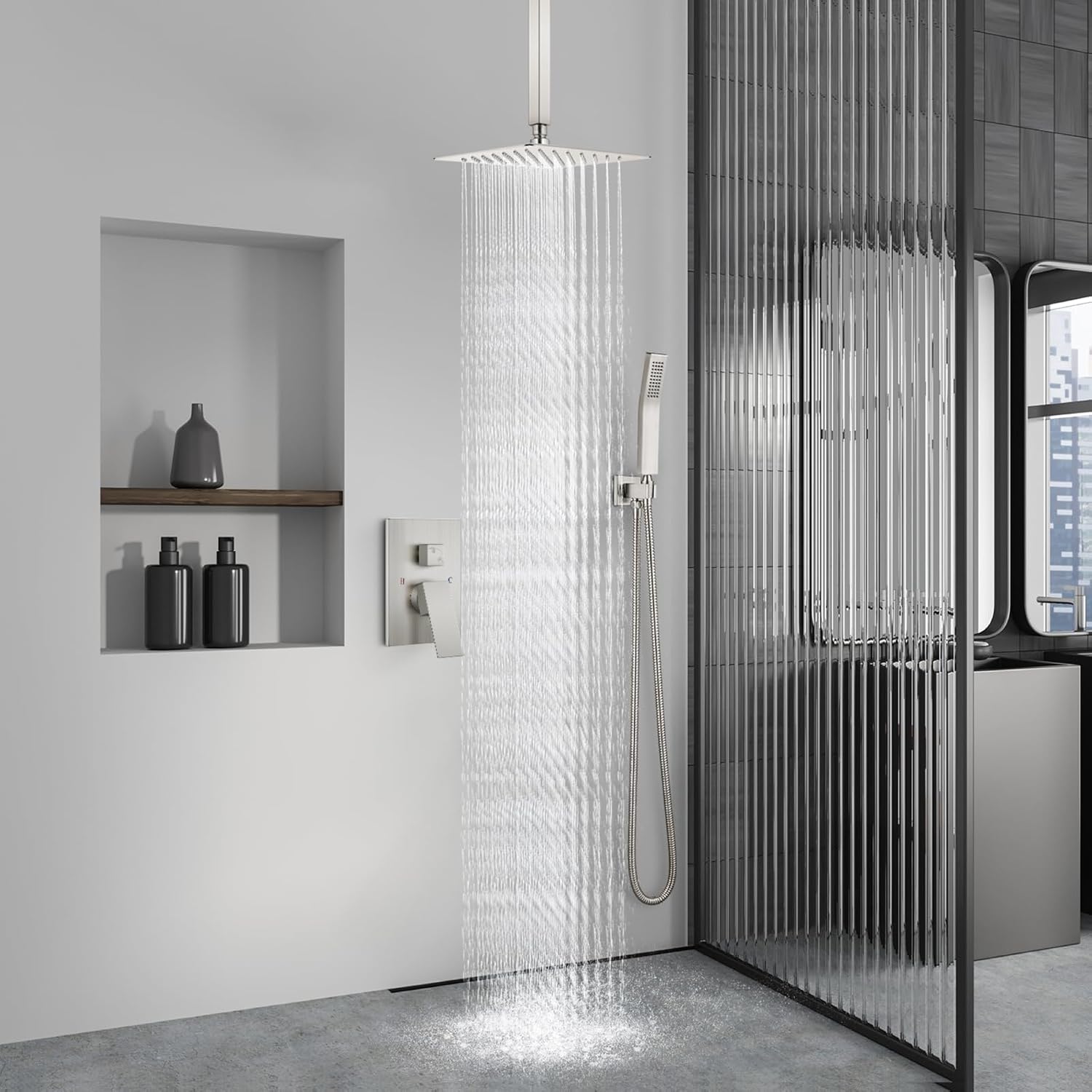 Aolemi Ceiling Mount Shower System Rain Shower Head with Handheld Spray High Pressure Shower Faucet Set Rough-in Valve Shower Trim Kit Included Bathroom Brushed Nickel 8 Inch Ceiling Shower Head