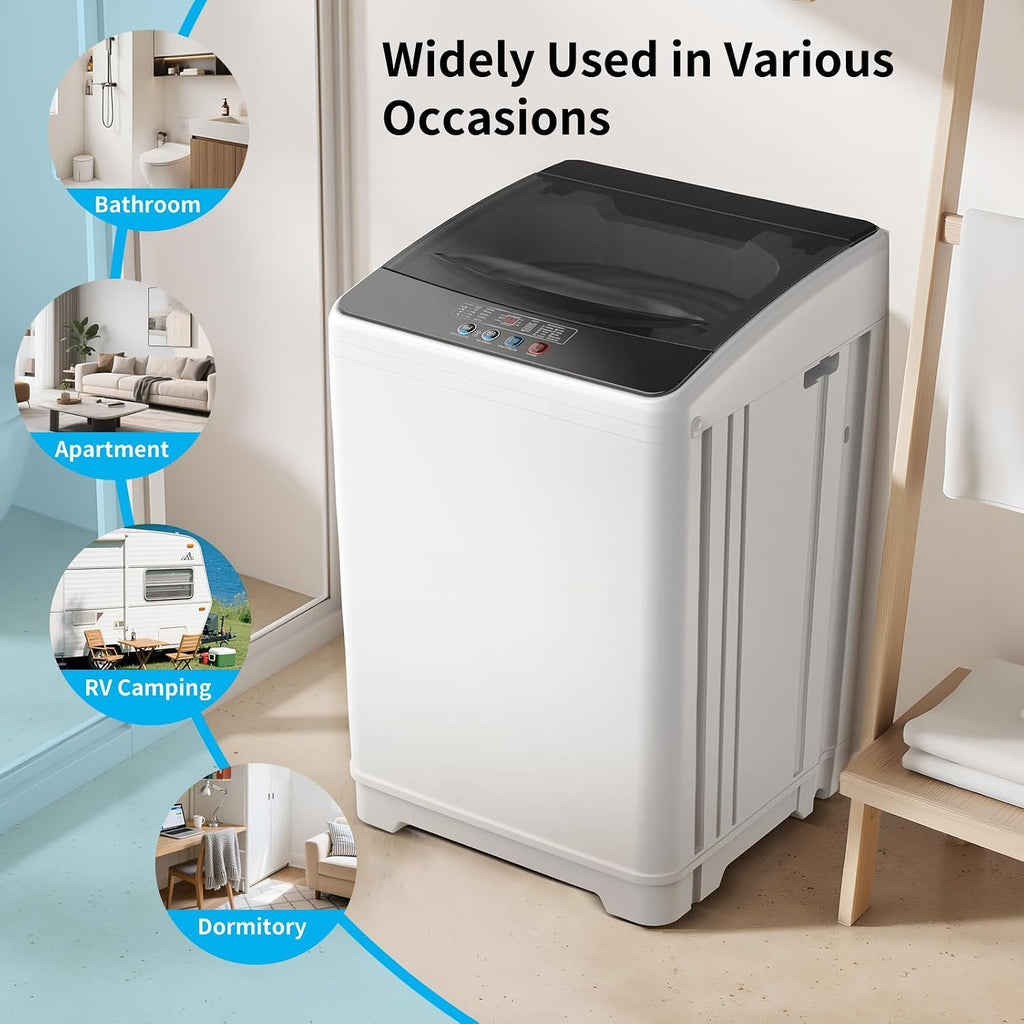 18lbs Portable Washing Machine, Full Automatic Washer and Dryer, 2.4 Cu Ft Compact with Drain Pump, 10 Wash Programs & 8 Water Levels, Ideal for Apartment, RV, Home Use, White