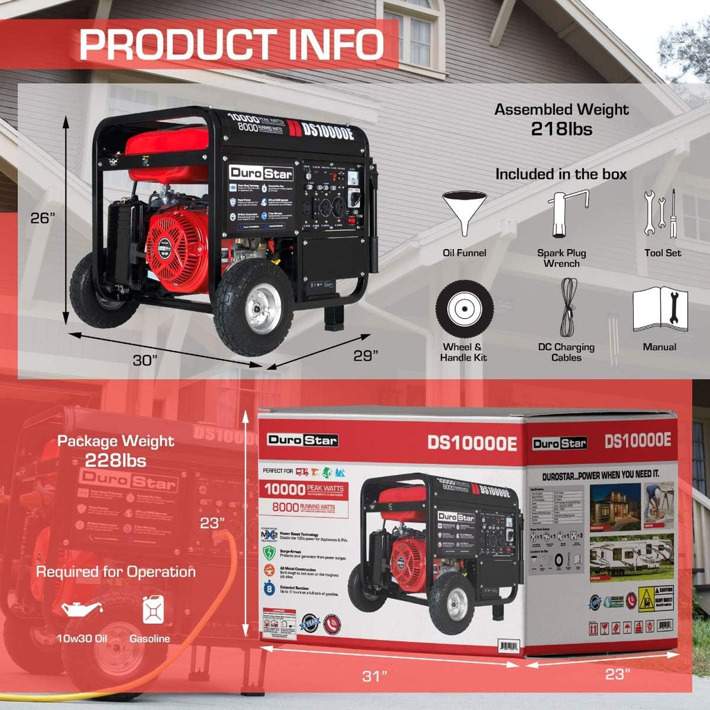 DuroStar DS10000E Gas Powered Portable Generator-10000 Watt Electric Start-Home Back Up & RV Ready, 50 State Approved, Red/Black