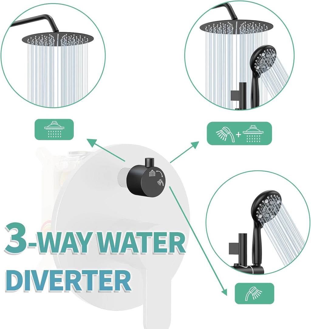 SR SUN RISE 12 Inch Slide Bar Shower System, Round Shower Faucets Sets Complete Rain Shower head and 6-Spray Handheld Combo, Wall Mounted Dual Shower Faucet Included Valve and Trim Kit, Matte Black