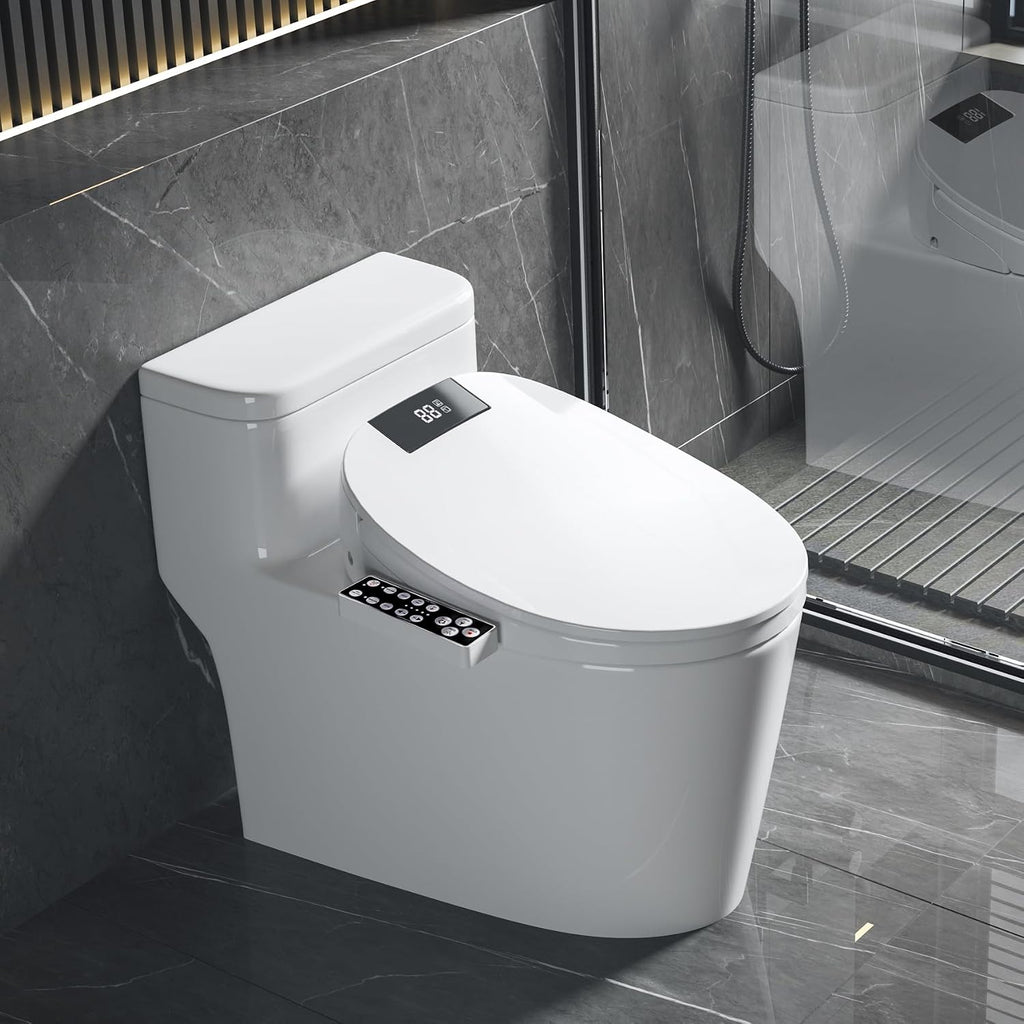 XCQQ Electric Heated Bidet Toilet Seat with Warm Water Wash, Warm Air Dryer, Soft Closed Lid, Night Light, LED Display, Toilet Seat with Bidet Requires Outlet - Elongated