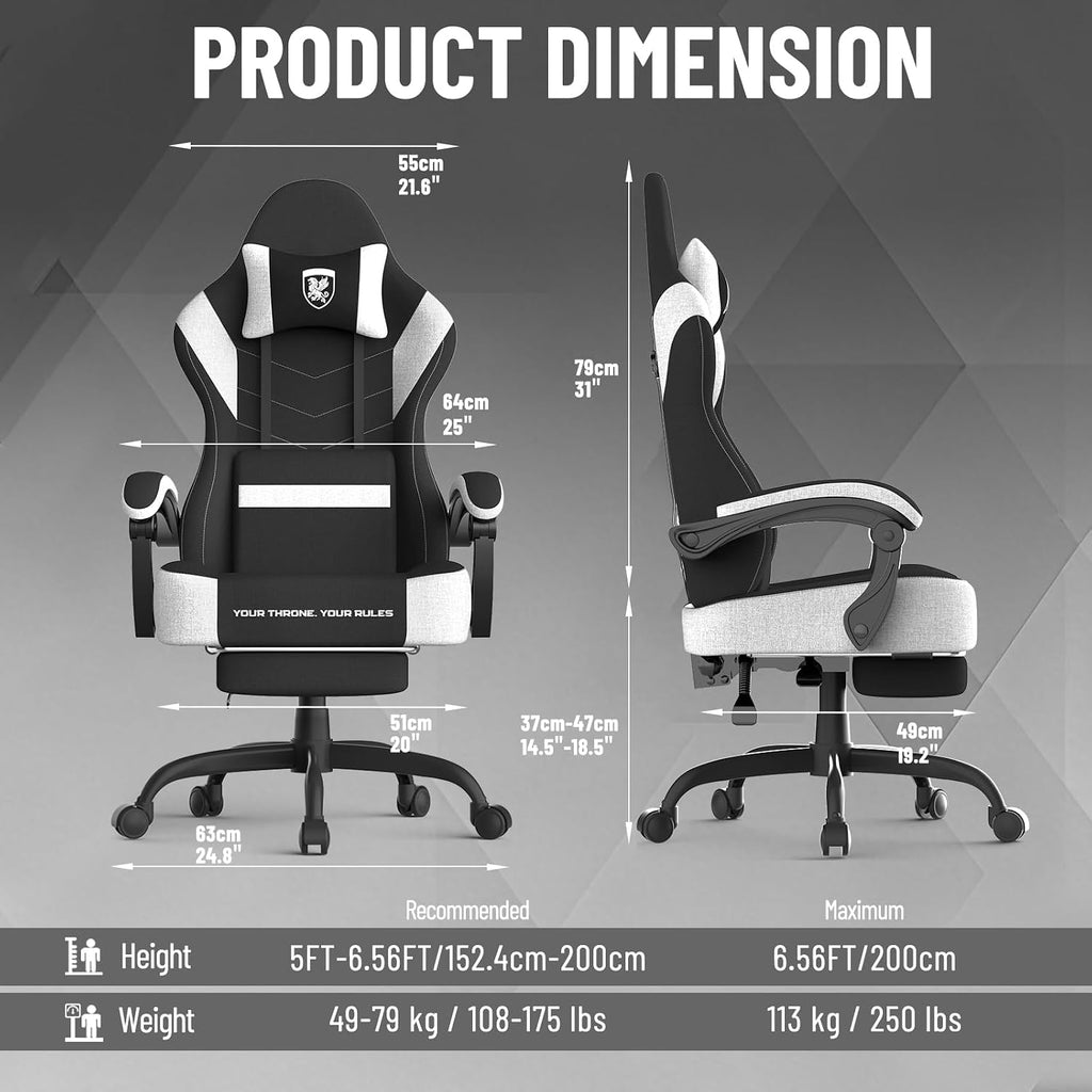 Soontrans Linen Fabric Ergonomic Black Gaming Chair with Massage Lumbar Pillow, Computer Chair with Wide Seat 20',Gamer Chair with Adjustable Headrest, Comfortable Office Chair for Home & Gaming
