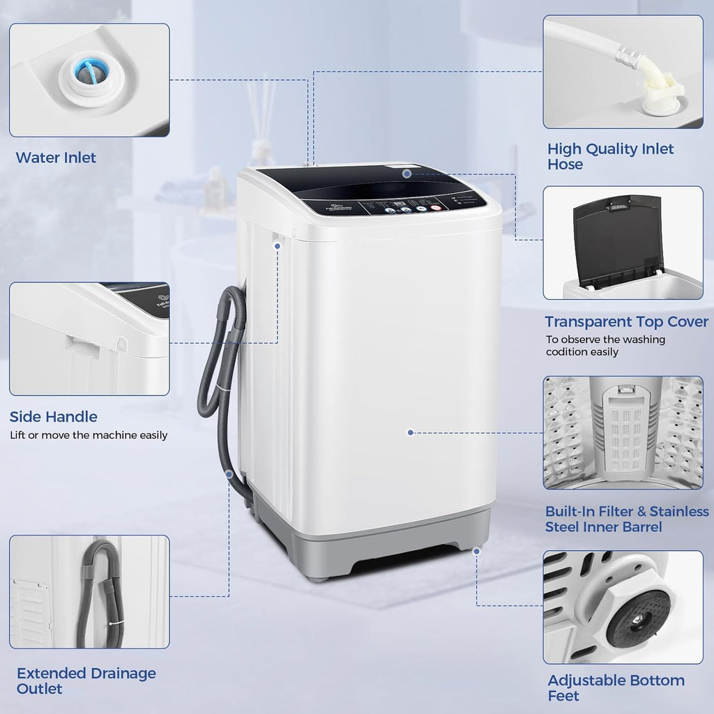 Nictemaw Portable Washing Machine 17.8Lbs Capacity Portable Washer with Drain Pump 2.4Cu.ft Full-Automatic Compact Washer with 10 Programs 8 Water Level for Home, Apartment, RV, Dorms