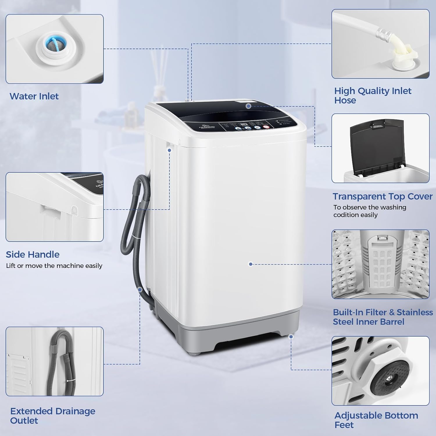 Nictemaw Portable Washing Machine 17.8Lbs Capacity Portable Washer with Drain Pump 2.4Cu.ft Full-Automatic Compact Washer with 10 Programs 8 Water Level for Home, Apartment, RV, Dorms