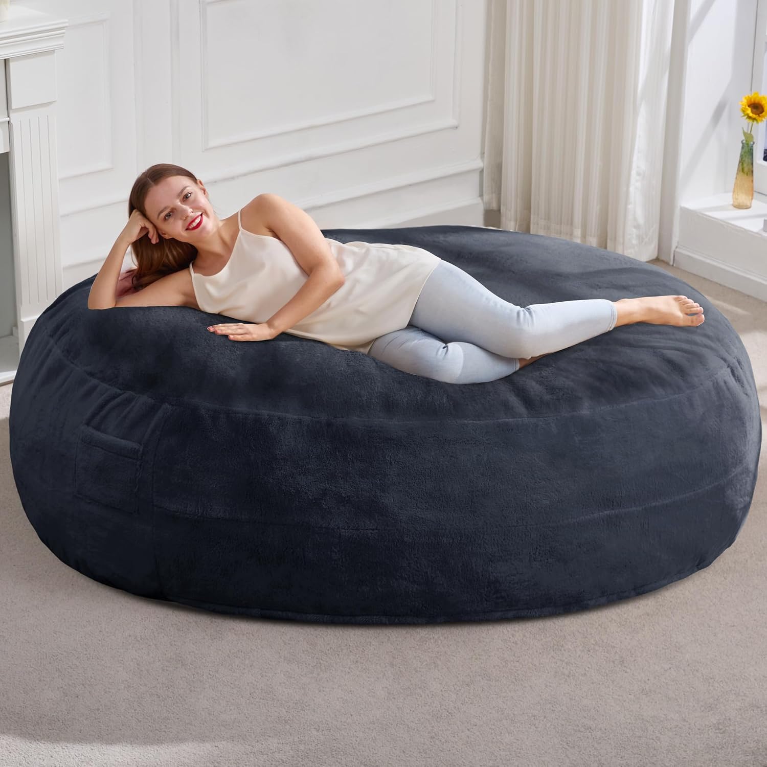 Hobestluk 6ft Bean Bag Chairs for Adults Large Beanbag Chair with Plush Faux Fur Cover Big Bean Bag Chair for Living Room Bedroom Dorm Office - Dark Grey (70' x 70' x 15')