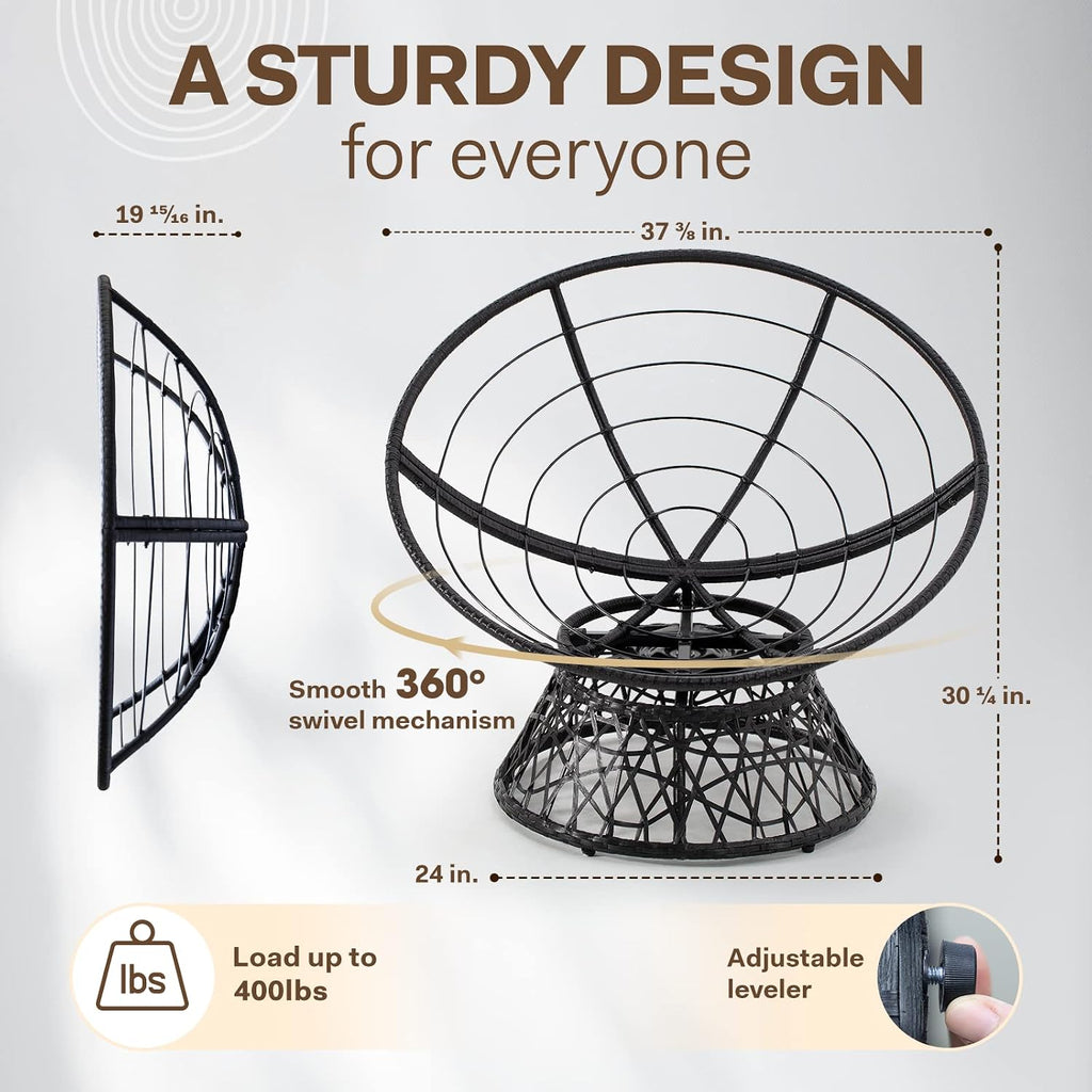Bme 40' Ergonomic Wicker Papasan Chair with Soft Thick Density Fabric Cushion, High Capacity Steel Frame, 360 Degree Swivel for Living, Bedroom, Reading Room, Lounge, Onyx Stone - Black Base