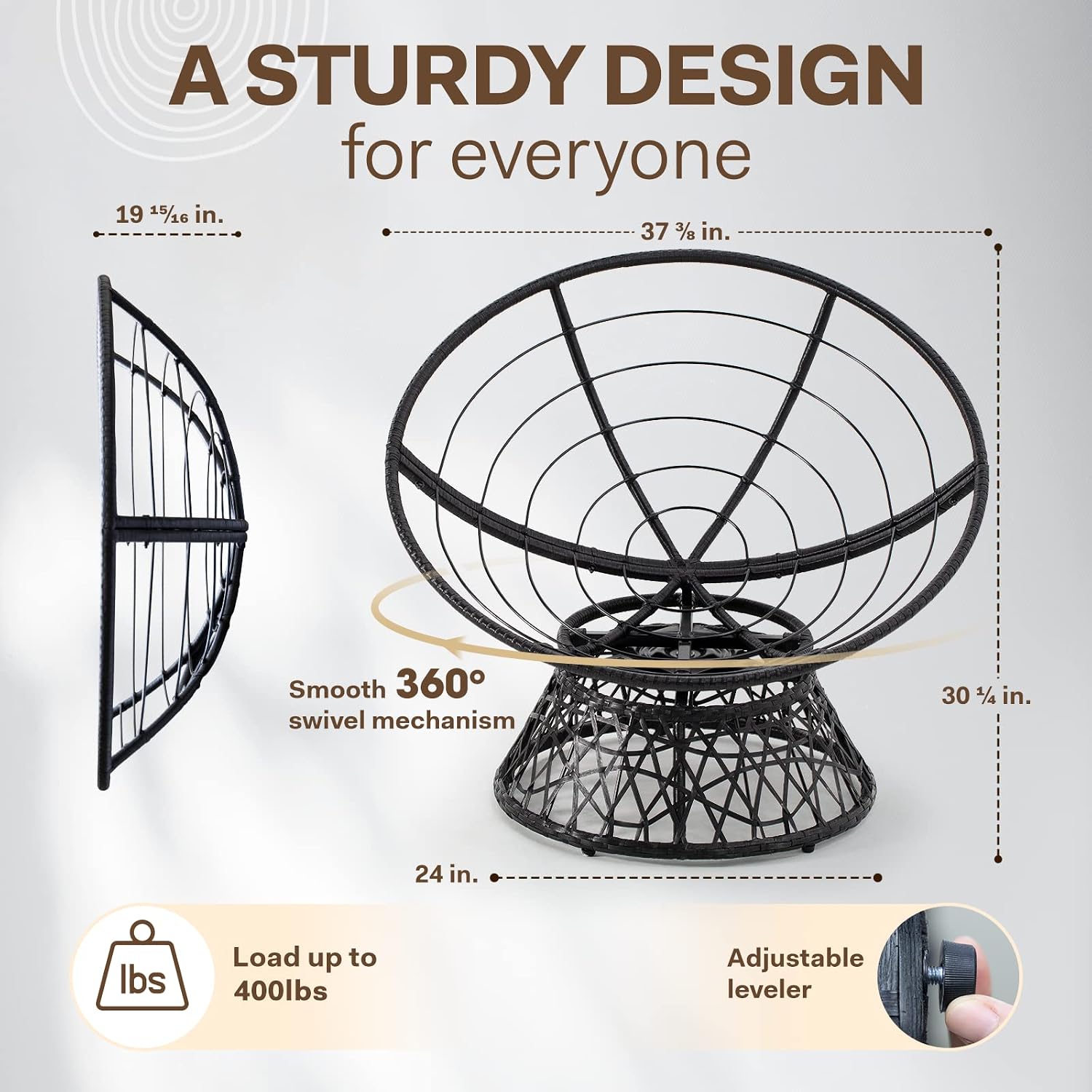 Bme 40' Ergonomic Wicker Papasan Chair with Soft Thick Density Fabric Cushion, High Capacity Steel Frame, 360 Degree Swivel for Living, Bedroom, Reading Room, Lounge, Onyx Stone - Black Base