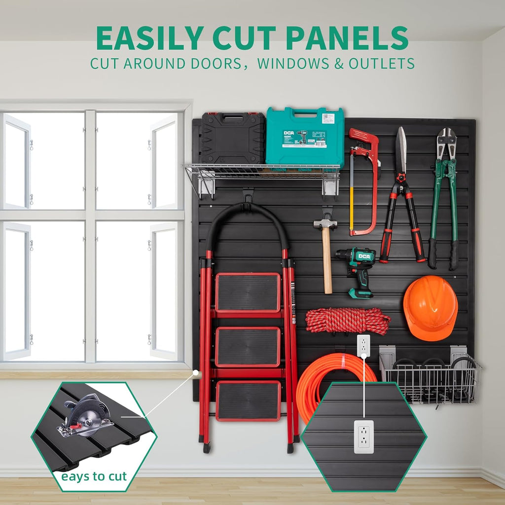 FRAYSCENT Slat Wall Paneling Garage Slat Wall Storage Systems Slatwall Panels Power Tool Organizer Wall Mount, PVC Garage Storage & Organization Products Slate Board (Black, 4ft x 8ft with 26 Hooks)