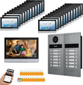 Wired Video Apartment Intercom System,6/12/18/24 Units 7 Inch Monitor 1080P Doorbell Intelligent Doorphone Kit with Motion Detection,Anti-Tamper Alarm,3 in 1 Unlock for Flat House,Tuya (24 Monitor)