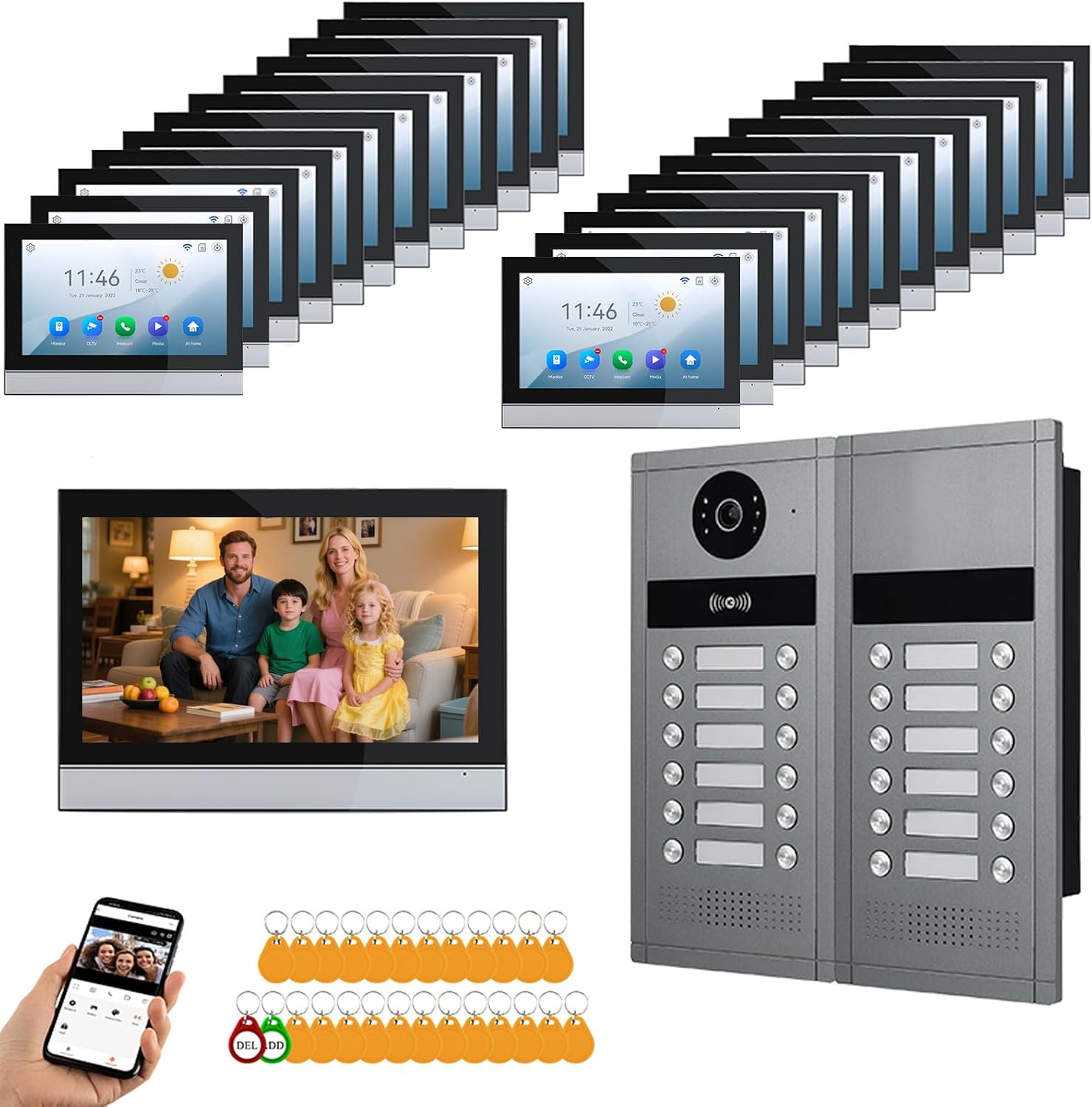Wired Video Apartment Intercom System,6/12/18/24 Units 7 Inch Monitor 1080P Doorbell Intelligent Doorphone Kit with Motion Detection,Anti-Tamper Alarm,3 in 1 Unlock for Flat House,Tuya (24 Monitor)