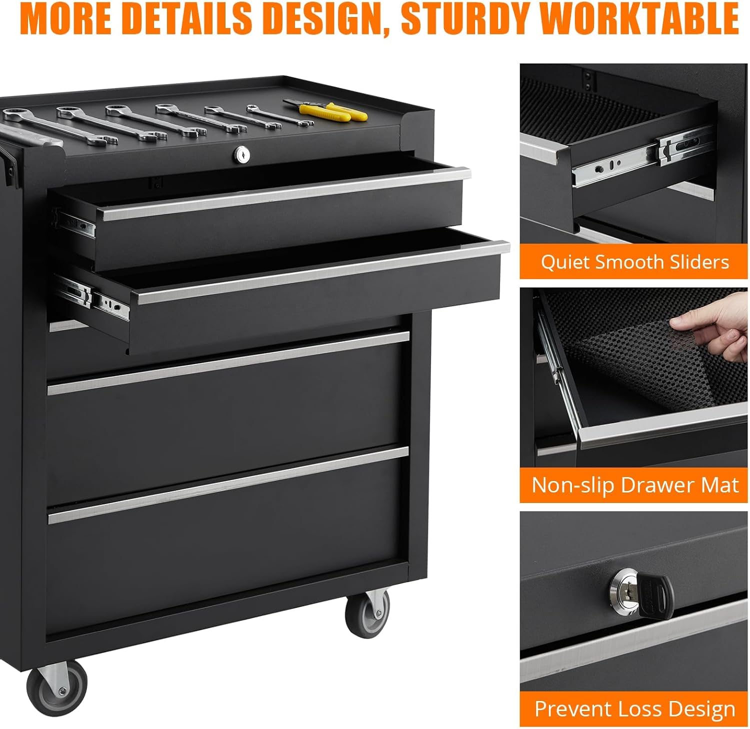 Toolbox with Five Drawers with Key Lock and Drawer Liner Removable on Wheels for garages, Warehouses, workshops and Repair Stores - Black