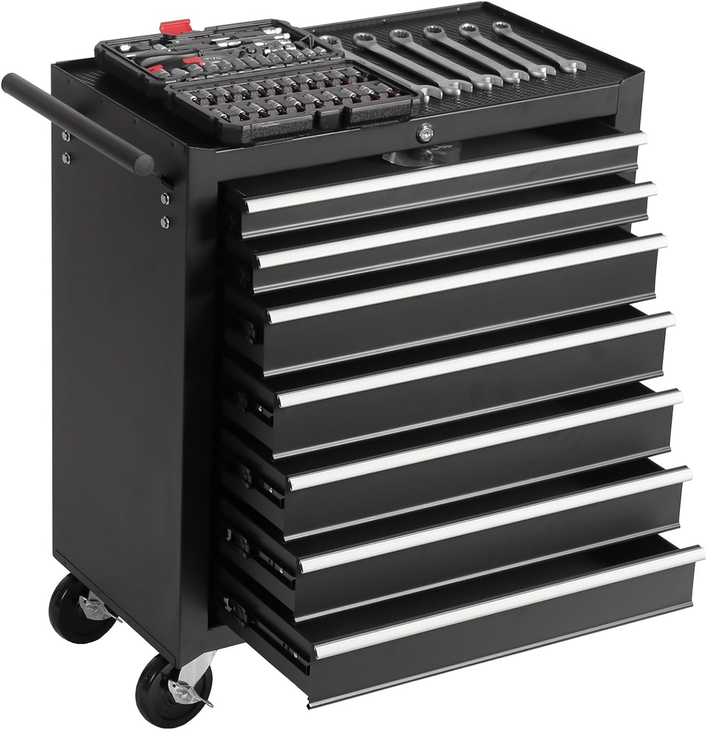 7-Drawer Rolling Tool Chest w/Drawers & Lock, Tool Storage Cabinet with Lockable Wheels, Top Cushion & Drawer Liners, Tool Organizer Box for Garage, Warehouse & Repair Sho