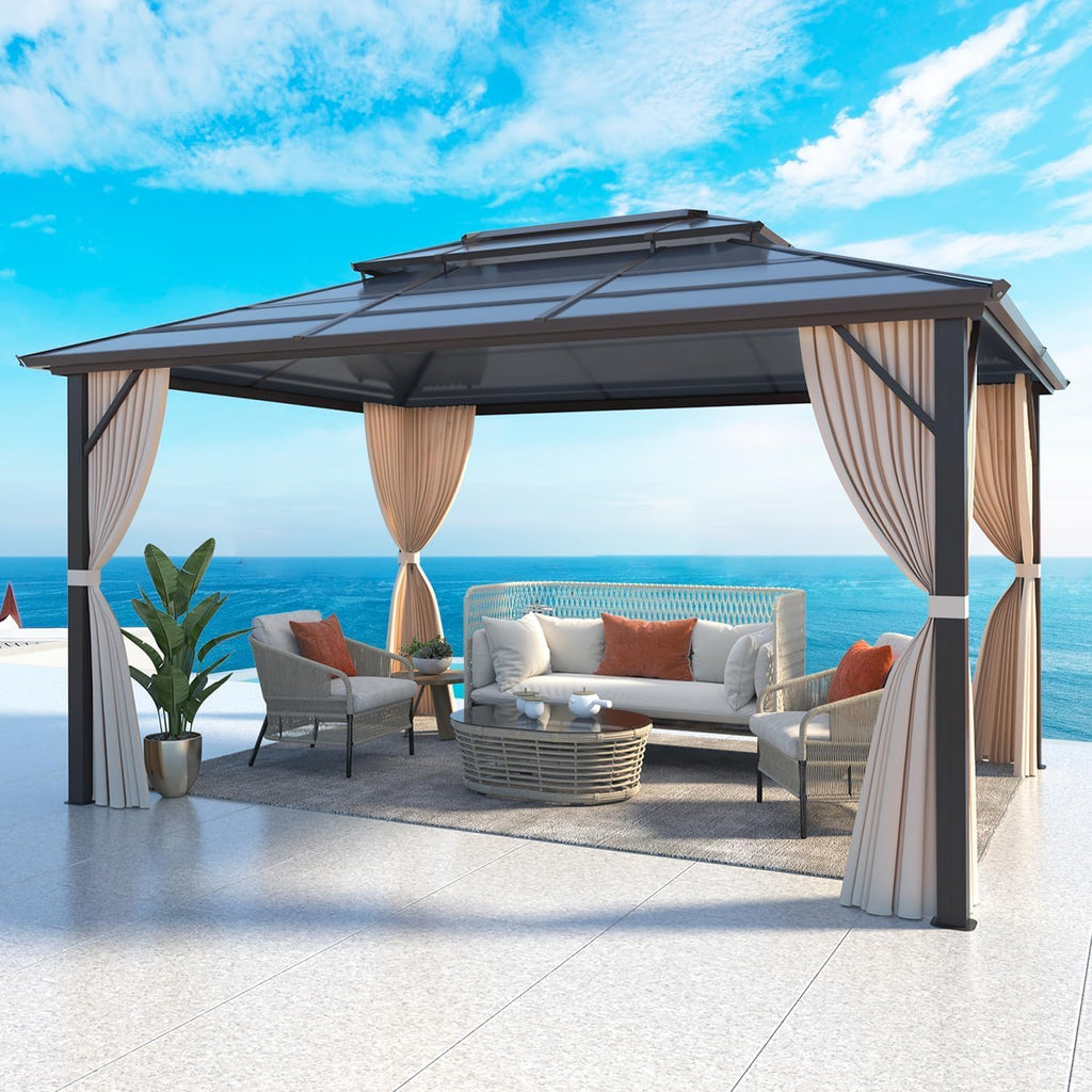MELLCOM 10 x 13ft Hardtop Gazebo, Polycarbonate Double Roof Aluminum Gazebo, Outdoor Waterproof Canopy with Netting and Curtains for Backyard, Deck, Patio