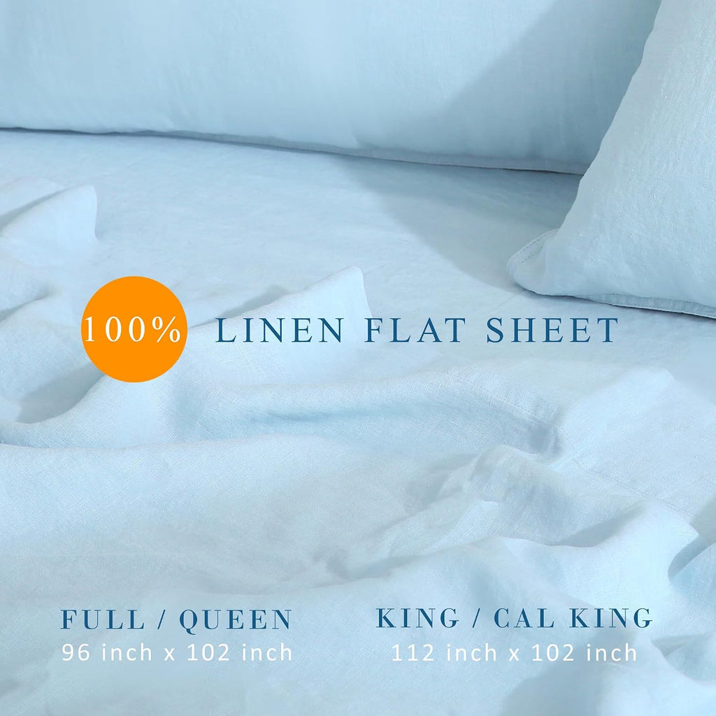 Luxurious 100% Pure French Linen Flat Sheet - Stone Washed, Soft, Breathable, Moisture-Wicking & Eco-Friendly (Blue, 1 Flat Sheet Only - K/CK)