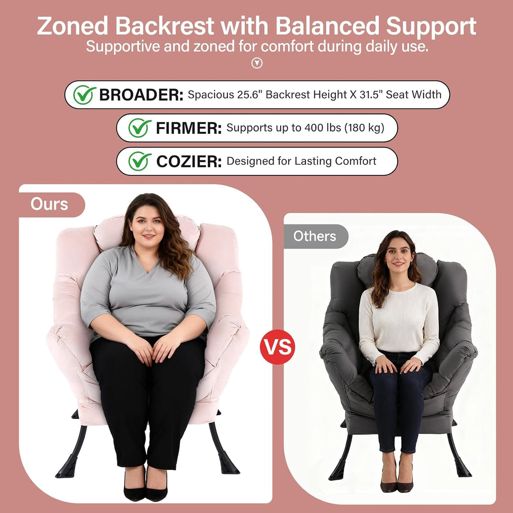 Lazy Chair with Ottoman, Modern Accent Chair with Lumbar Pillow, Velvet Pink Sofa, Armchairs with Folding Footrest, Oversized Supportive Chairs for Bedroom, Reading