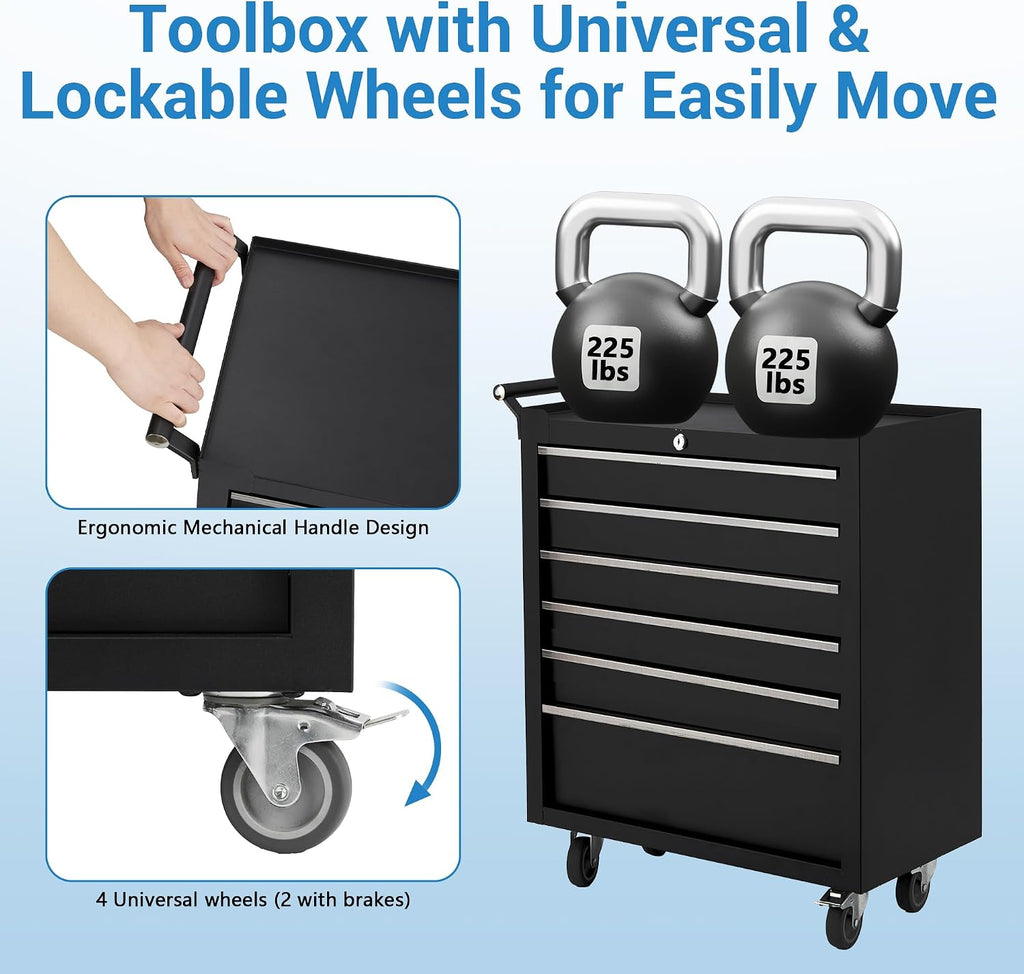 6-Drawer Rolling Tool Chest, Rolling Tool Box with Wheels and Lock System, Portable Mobile Tool Storage Cabinet for Garage, Workshop, Mechanics and Repair Room