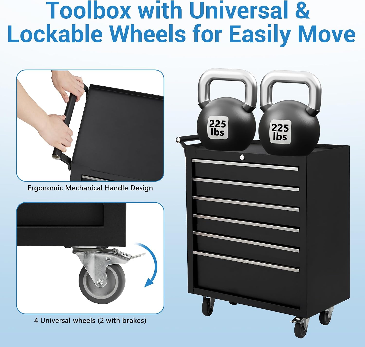 6-Drawer Rolling Tool Chest, Rolling Tool Box with Wheels and Lock System, Portable Mobile Tool Storage Cabinet for Garage, Workshop, Mechanics and Repair Room