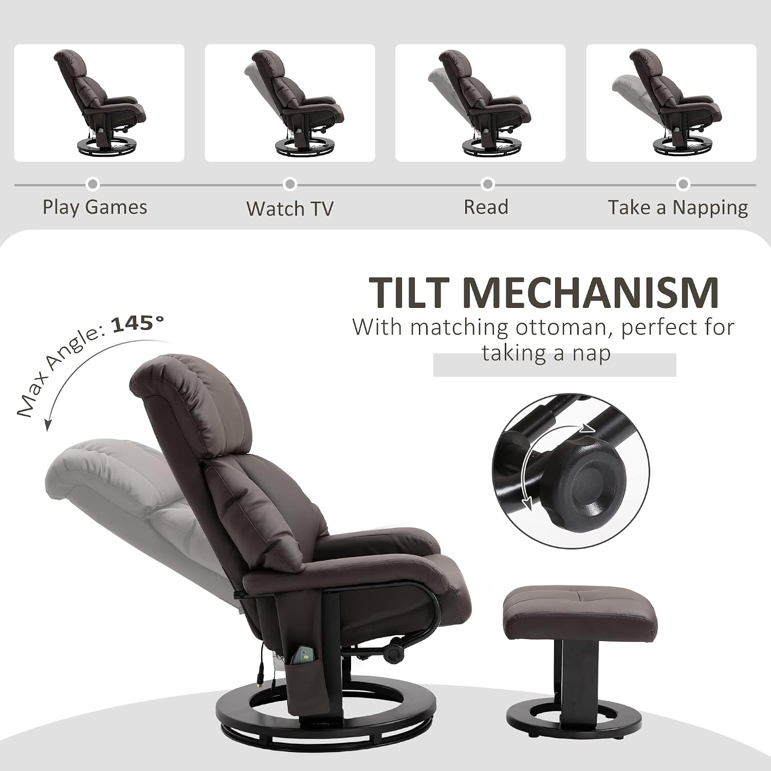 HOMCOM Massage Recliner Chair with Ottoman, 360° Swivel Recliner and Footstool, 10 Point Vibration, PU Leather Reclining Chair with Side Pocket and Remote Control, Brown