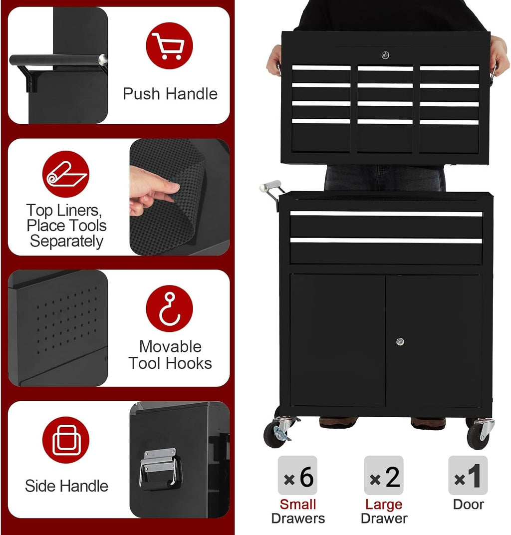 Towallmark 8-Drawer Rolling Tool Chest, 2-in-1 High Capacity Removable Cabinet Storage Tool Box with Wheels and Drawers, Detachable Toolbox with Lock for Workshop Mechanics Garage (Black)