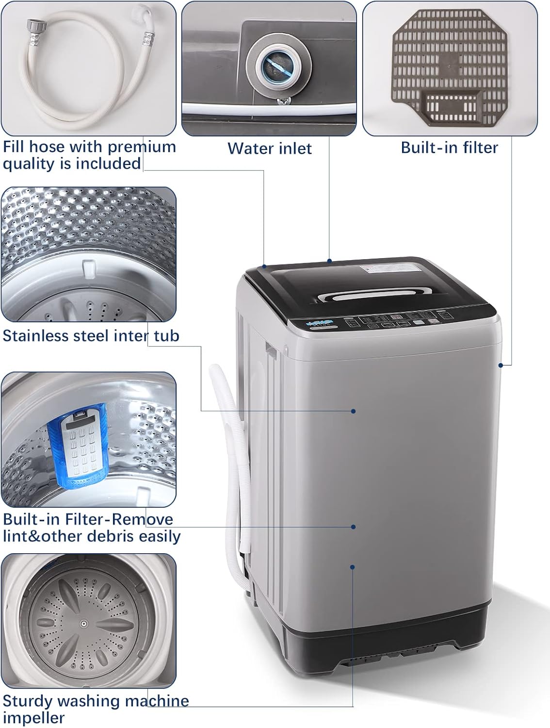 KRIB BLING Full Automatic Washing Machine with LED Display, 17.7 lbs Washer Drain Pump, 10 Programs & 8 Water Levels Selections, Ideal for Apartment, Dorm, Grey