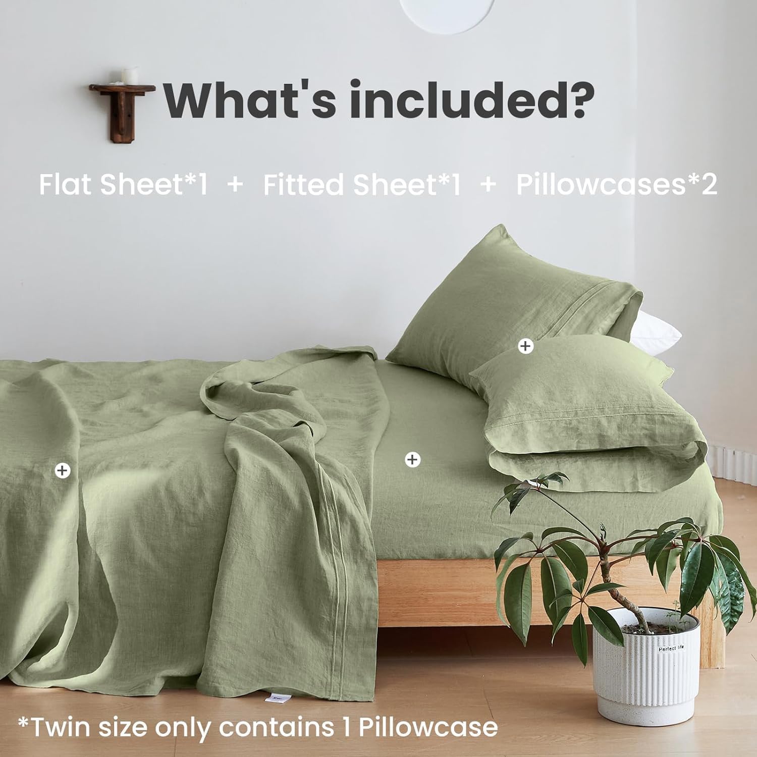 Simple&Opulence 100% Linen Sheet Set 4 Pieces Natural France Flax Bed Sheet (1 Flat Sheet, 1 Fitted Sheet, 2 Pillowcases) Breathable Luxury Hotel Bedding - Embroidery Sage Green, Queen Size