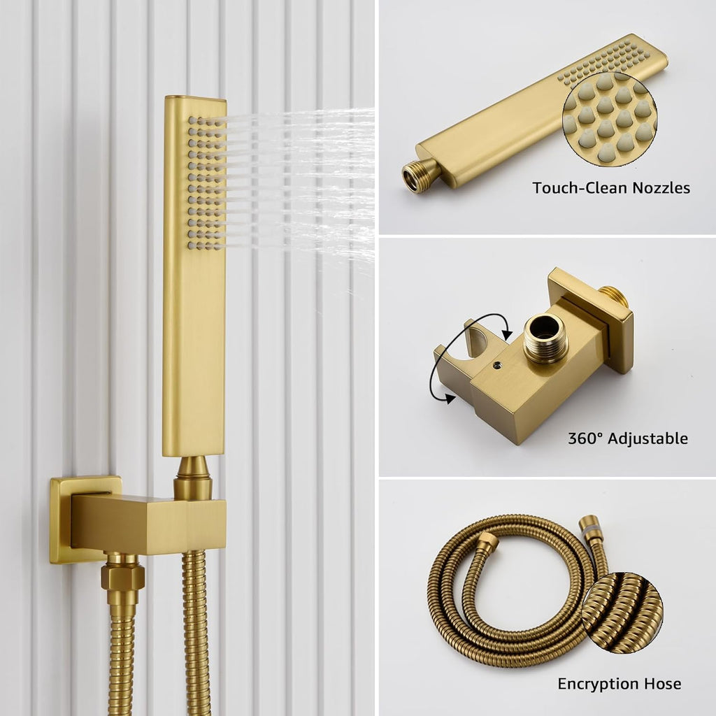 Iriber Thermostatic Shower System Wall Mount with 12 Inch Rainfall Shower Head and Handheld Bathroom Champagne Bronze Shower Set Contain Shower Faucet Mixer Trim Kit (Valve Included),Brushed Gold