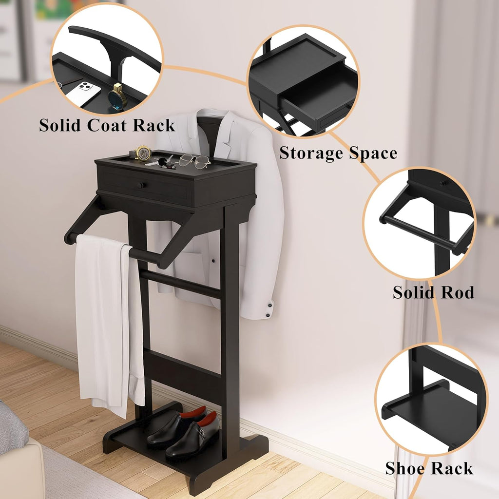 Mens Valet Stand with Drawer, Top Tray, Shoe Shelf and Suit Rack, Wooden Clothes Valet Stand for Bedroom Entryway