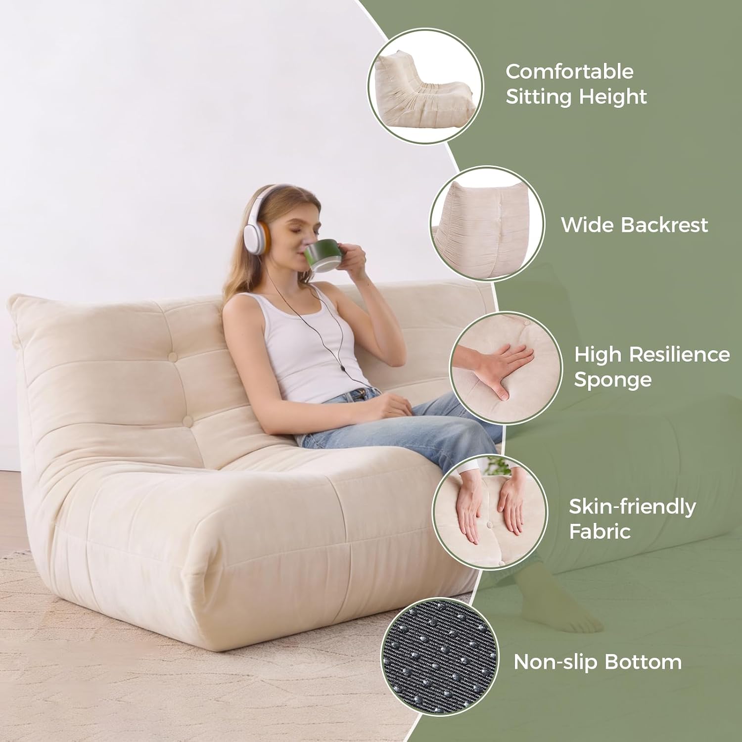 SUYOLS Bean Bag Chair, 3 Seater Fireside Chair Large Bean Bag Sofa for Adults, Memory Foam Chair Gaming Chairs with Comfy Design & Soft Fabric, Lazy Floor Sofa for Living Room, Bedroom, Beige