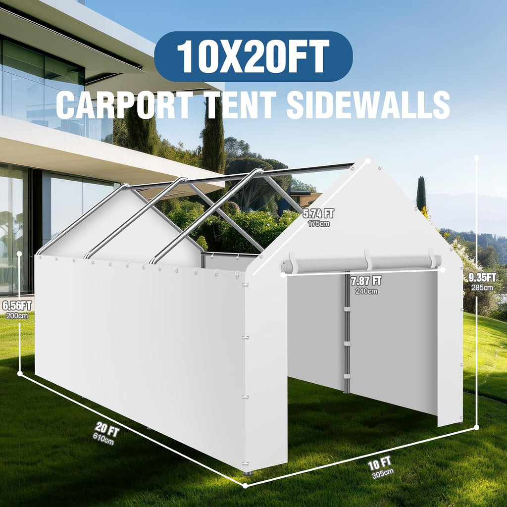 Canopy Sidewalls for 10x20x9.35FT Carport with Ball Bungee Cords, Shelter Logic Replacement Covers Canopy Walls for Car Tent Garage(Sidewalls Only) (White)